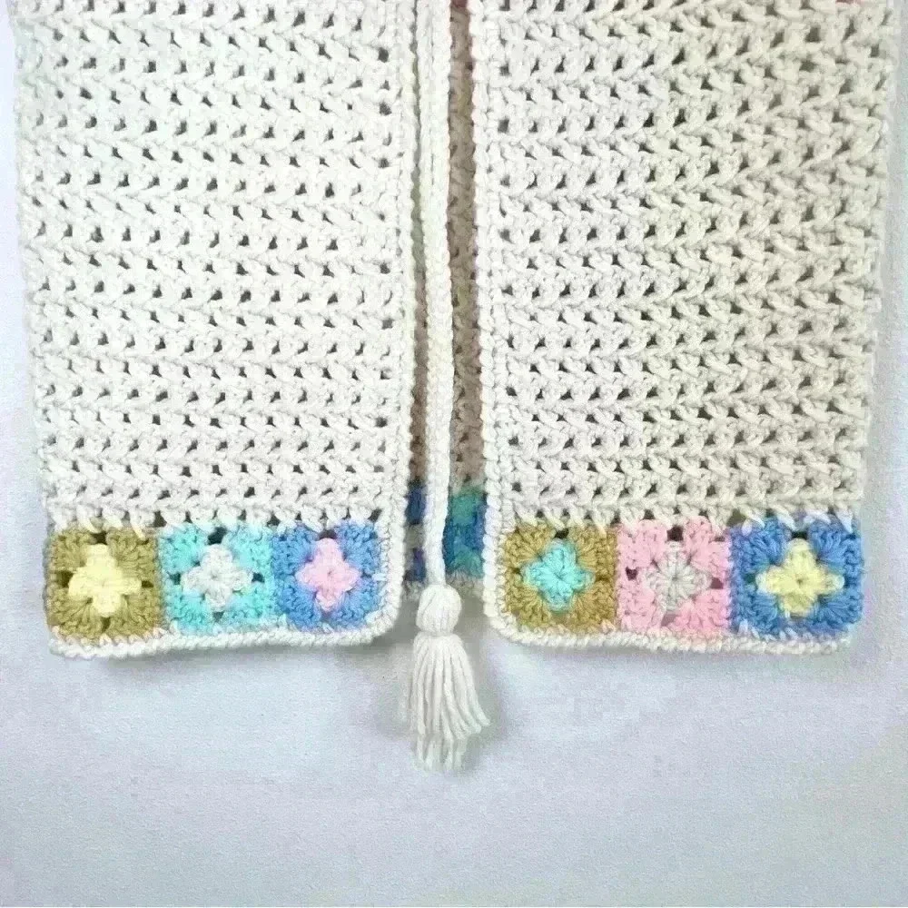 Crochet Cream and Multicolor Granny Square Tie Front with Tassle Wool Boho Vest - Picture 3 of 15